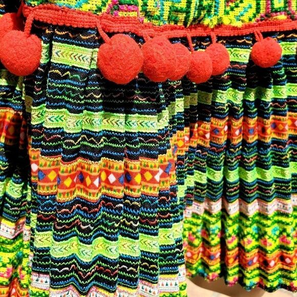 Vintage Short Pleated Skirt XS to S Hmong Ribbon Embroidery Pompoms - Picture 7 of 12